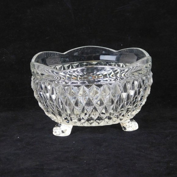 Indiana Glass Diamond Point Clear Candy Bowl Scalloped Edge 3 Toed 5 inch dia - Picture 1 of 9